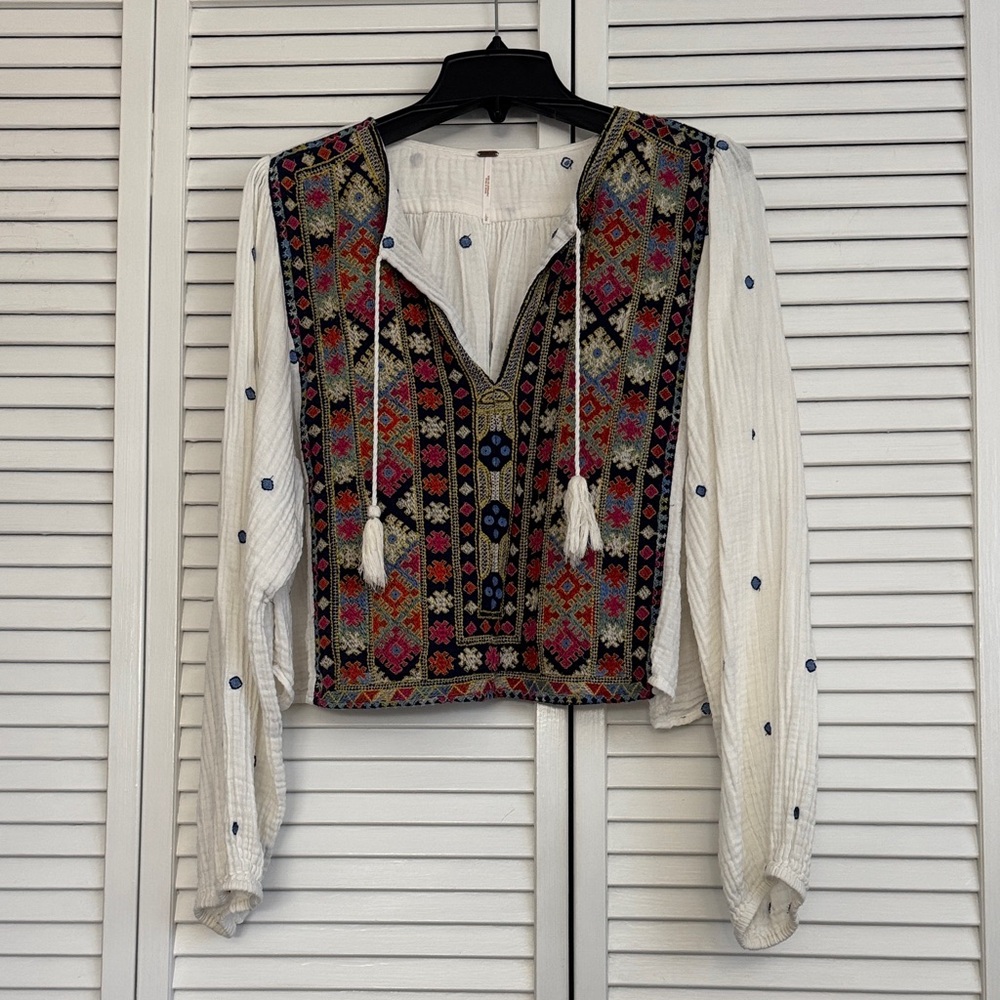 Free People White Blouse with Colorful Embroidery